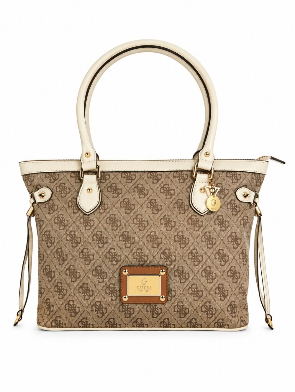 VTG GUESS 1990s Brown Cream Trim Logo Monogram Reama Tote Bag